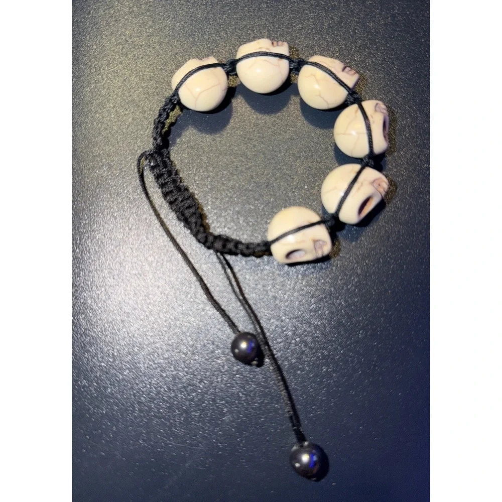 New Skull Bead Adjustable Bracelet White Skull Beads Black Braided Cord Gothic